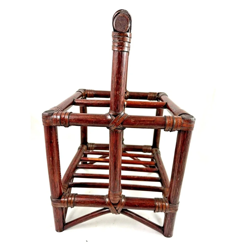 Wicker Rattan Wine Bottle Stand Holder Carrier Caddy 4 Bottle Cherry Red Finish